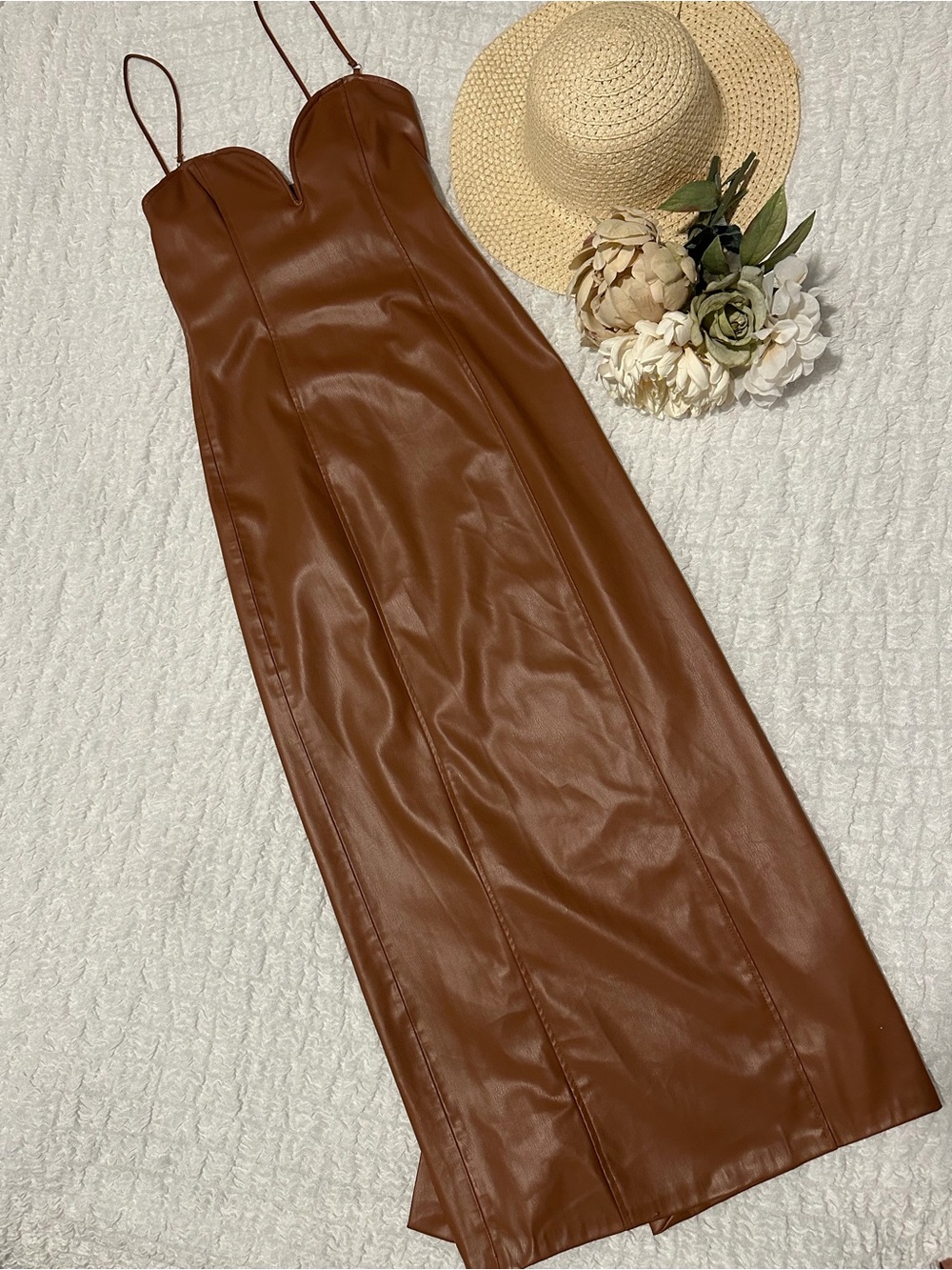 Zara Brown Faux-Leather Midi Slip Dress